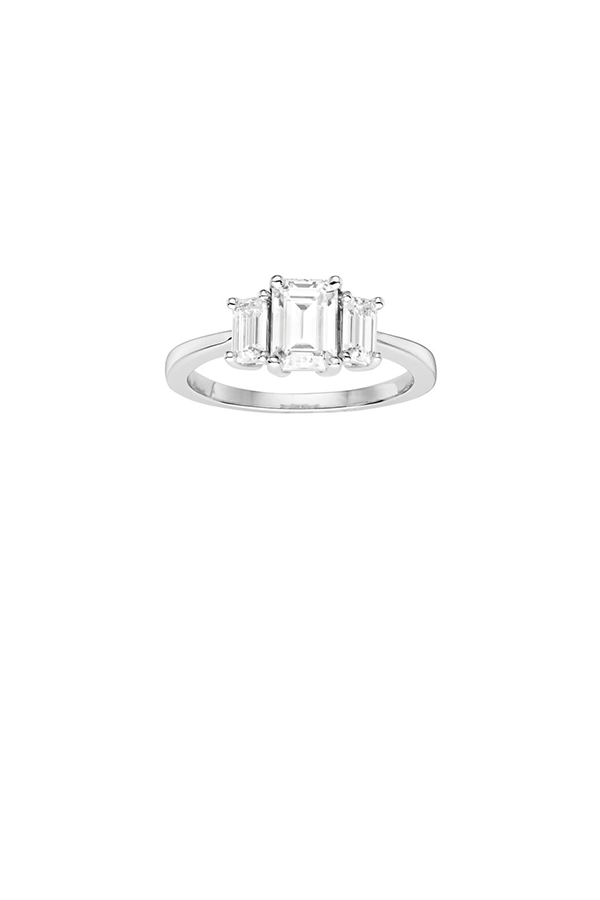 MOISSANITE EMERALD THREE STONE ENGAGEMENT RING